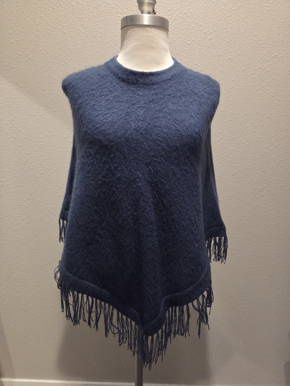 Soft Blue Fringe Poncho Sweater